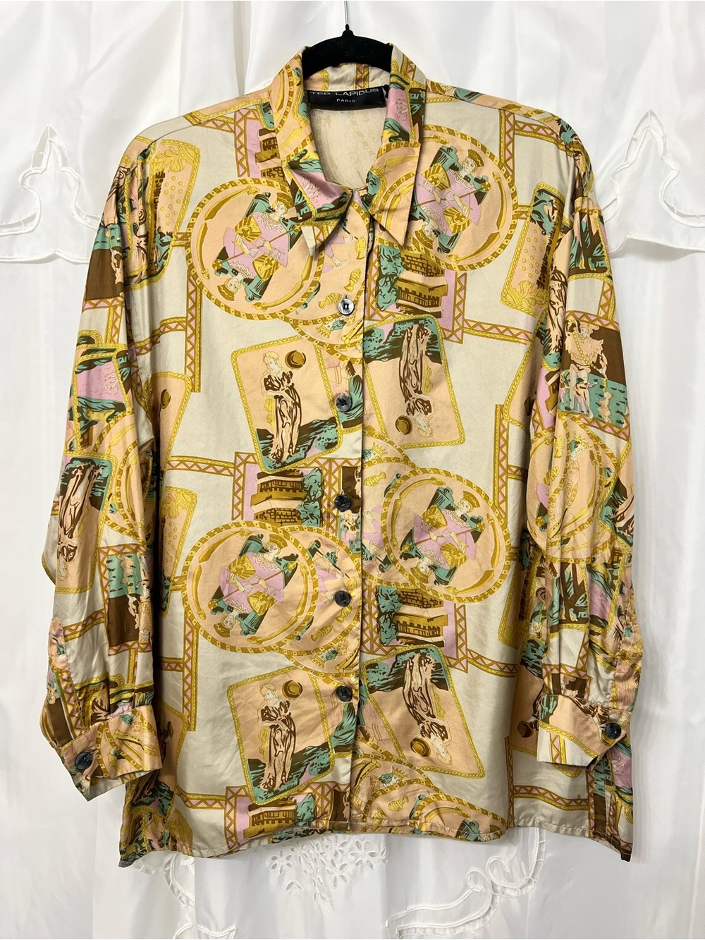Vintage Ted Lapidus Paris 100% Silk Button Front Blouse Greco Roman Print Size M